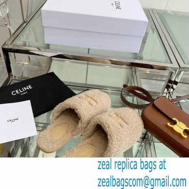 Celine Fur Slides Triomphe Closed Slippers in Shearling Beige 2021