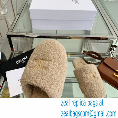 Celine Fur Slides Triomphe Closed Slippers in Shearling Beige 2021 - Click Image to Close