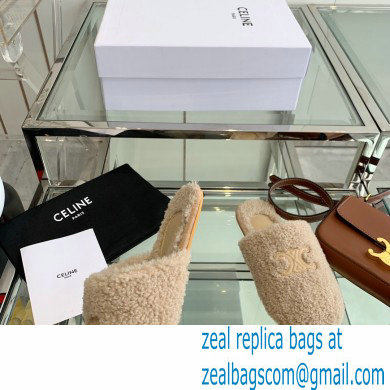 Celine Fur Slides Triomphe Closed Slippers in Shearling Beige 2021 - Click Image to Close