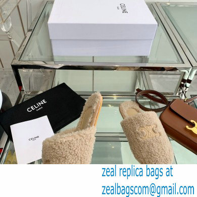 Celine Fur Slides Triomphe Closed Slippers in Shearling Beige 2021