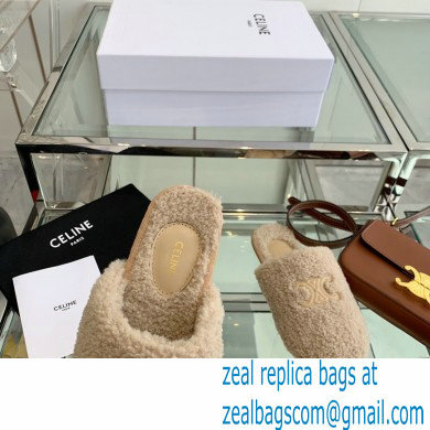 Celine Fur Slides Triomphe Closed Slippers in Shearling Beige 2021