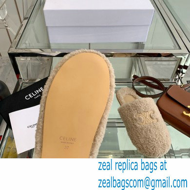 Celine Fur Slides Triomphe Closed Slippers in Shearling Beige 2021