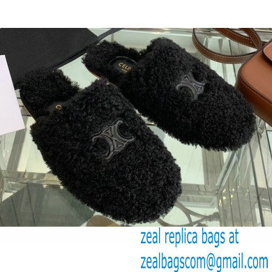 Celine Fur Slides Triomphe Closed Slippers in Shearling Black 2021