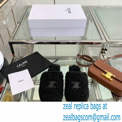 Celine Fur Slides Triomphe Closed Slippers in Shearling Black 2021