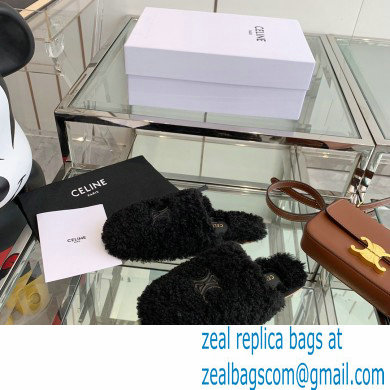 Celine Fur Slides Triomphe Closed Slippers in Shearling Black 2021