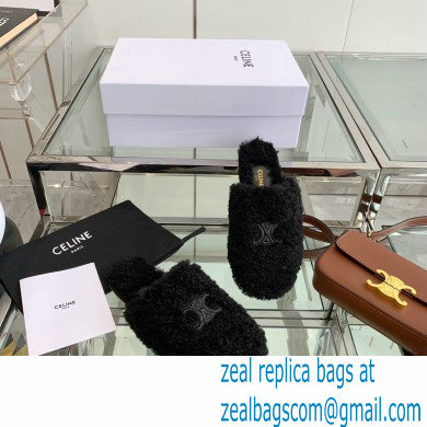 Celine Fur Slides Triomphe Closed Slippers in Shearling Black 2021 - Click Image to Close