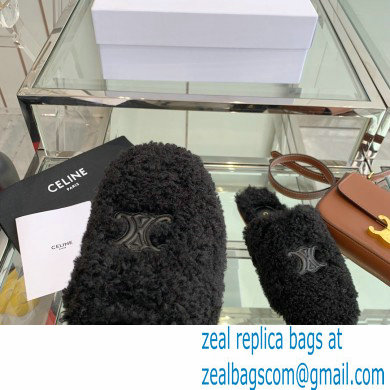 Celine Fur Slides Triomphe Closed Slippers in Shearling Black 2021