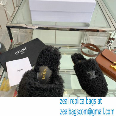 Celine Fur Slides Triomphe Closed Slippers in Shearling Black 2021 - Click Image to Close