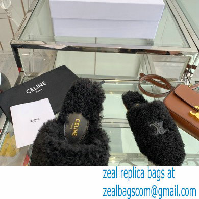 Celine Fur Slides Triomphe Closed Slippers in Shearling Black 2021