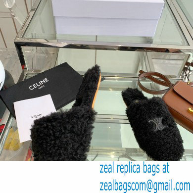 Celine Fur Slides Triomphe Closed Slippers in Shearling Black 2021 - Click Image to Close