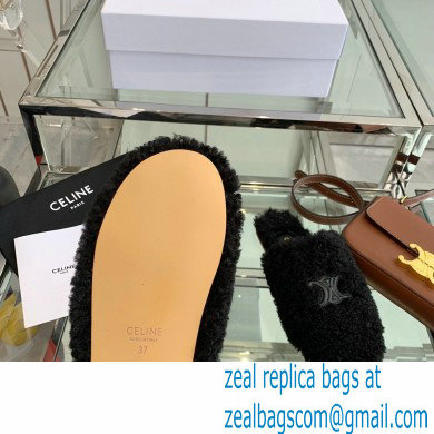 Celine Fur Slides Triomphe Closed Slippers in Shearling Black 2021 - Click Image to Close