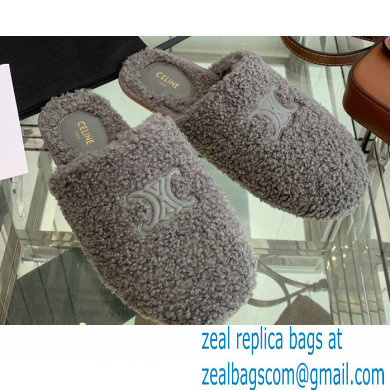 Celine Fur Slides Triomphe Closed Slippers in Shearling Gray 2021