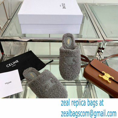 Celine Fur Slides Triomphe Closed Slippers in Shearling Gray 2021 - Click Image to Close