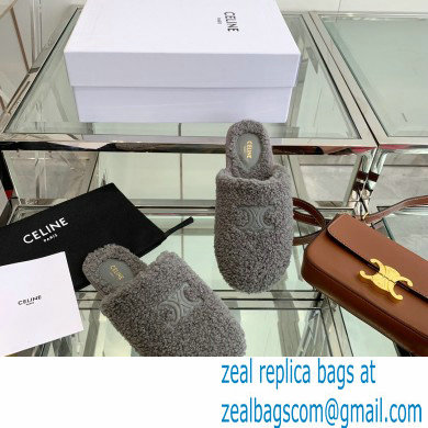 Celine Fur Slides Triomphe Closed Slippers in Shearling Gray 2021