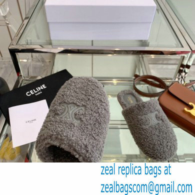 Celine Fur Slides Triomphe Closed Slippers in Shearling Gray 2021