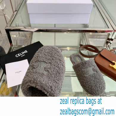 Celine Fur Slides Triomphe Closed Slippers in Shearling Gray 2021 - Click Image to Close