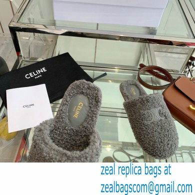 Celine Fur Slides Triomphe Closed Slippers in Shearling Gray 2021 - Click Image to Close