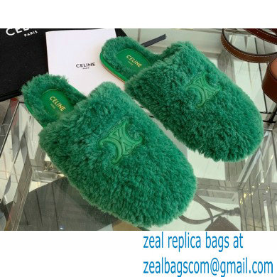 Celine Fur Slides Triomphe Closed Slippers in Shearling Green 2021