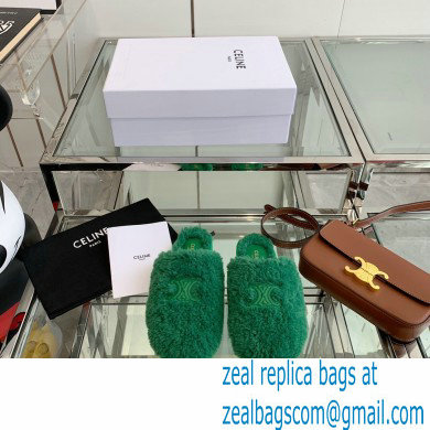 Celine Fur Slides Triomphe Closed Slippers in Shearling Green 2021 - Click Image to Close