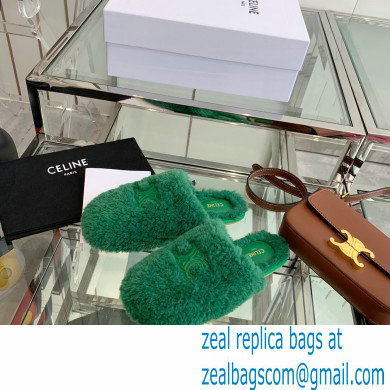 Celine Fur Slides Triomphe Closed Slippers in Shearling Green 2021