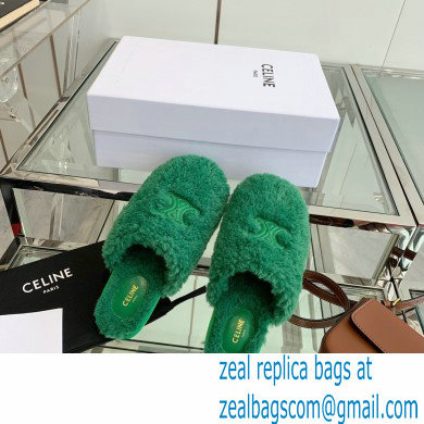 Celine Fur Slides Triomphe Closed Slippers in Shearling Green 2021