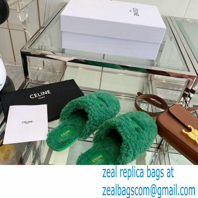 Celine Fur Slides Triomphe Closed Slippers in Shearling Green 2021 - Click Image to Close