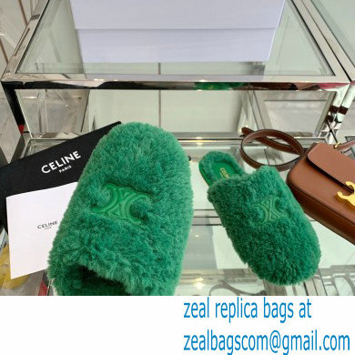 Celine Fur Slides Triomphe Closed Slippers in Shearling Green 2021