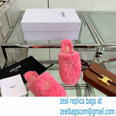 Celine Fur Slides Triomphe Closed Slippers in Shearling Pink 2021