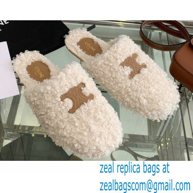 Celine Fur Slides Triomphe Closed Slippers in Shearling White 2021