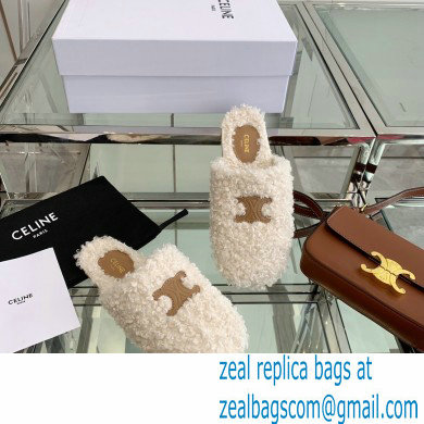 Celine Fur Slides Triomphe Closed Slippers in Shearling White 2021 - Click Image to Close