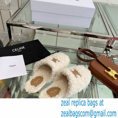 Celine Fur Slides Triomphe Closed Slippers in Shearling White 2021 - Click Image to Close