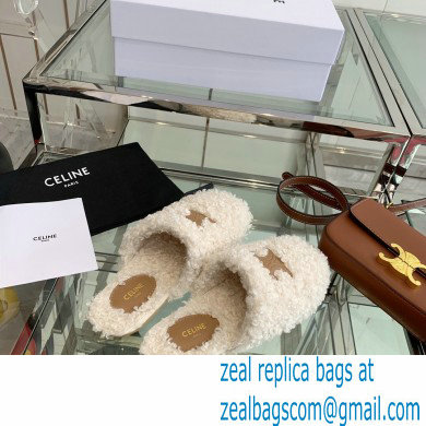 Celine Fur Slides Triomphe Closed Slippers in Shearling White 2021