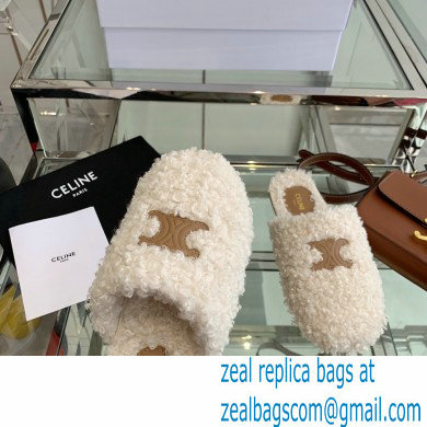 Celine Fur Slides Triomphe Closed Slippers in Shearling White 2021