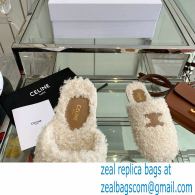 Celine Fur Slides Triomphe Closed Slippers in Shearling White 2021