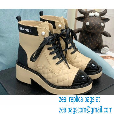 Chanel Heel 5.5cm Lace-Ups Ankle Boots G38514 Calfskin/Patent Beige 2021