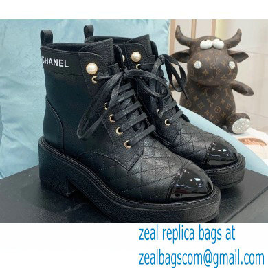 Chanel Heel 5.5cm Lace-Ups Ankle Boots G38514 Calfskin/Patent Black 2021