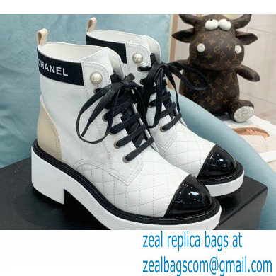 Chanel Heel 5.5cm Lace-Ups Ankle Boots G38514 Calfskin/Patent White 2021