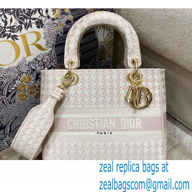 Dior Lady D-Lite Medium Bag in Houndstooth Embroidery Pale Pink 2021 - Click Image to Close