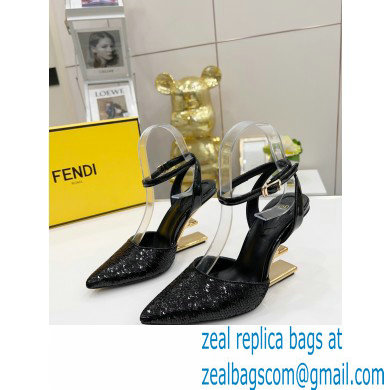 FENDI FIRST Leather High-heeled Sandals Sequins Black with Ankle Strap 2021 - Click Image to Close