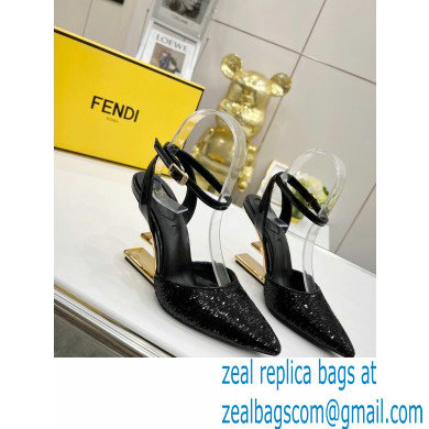 FENDI FIRST Leather High-heeled Sandals Sequins Black with Ankle Strap 2021