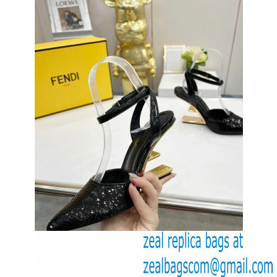 FENDI FIRST Leather High-heeled Sandals Sequins Black with Ankle Strap 2021 - Click Image to Close