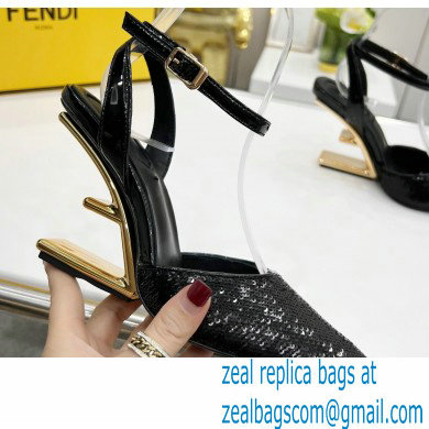 FENDI FIRST Leather High-heeled Sandals Sequins Black with Ankle Strap 2021 - Click Image to Close