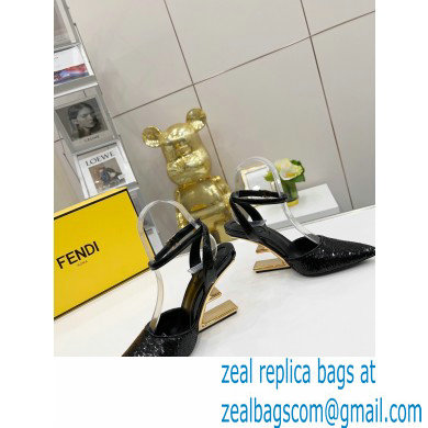 FENDI FIRST Leather High-heeled Sandals Sequins Black with Ankle Strap 2021