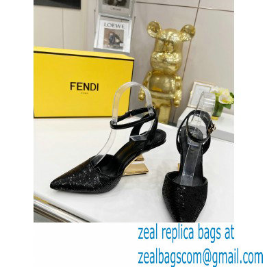 FENDI FIRST Leather High-heeled Sandals Sequins Black with Ankle Strap 2021