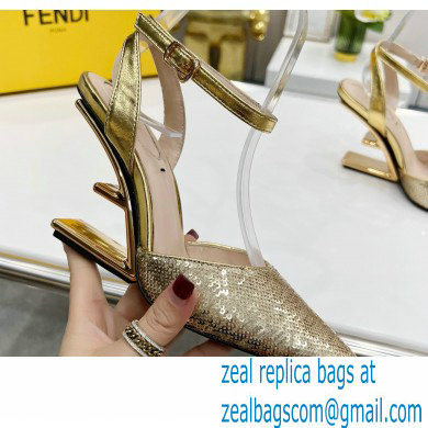 FENDI FIRST Leather High-heeled Sandals Sequins Gold with Ankle Strap 2021