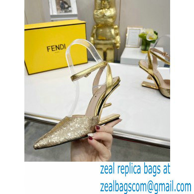 FENDI FIRST Leather High-heeled Sandals Sequins Gold with Ankle Strap 2021 - Click Image to Close
