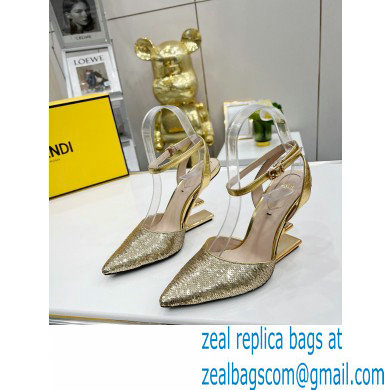 FENDI FIRST Leather High-heeled Sandals Sequins Gold with Ankle Strap 2021