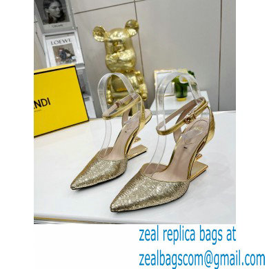 FENDI FIRST Leather High-heeled Sandals Sequins Gold with Ankle Strap 2021 - Click Image to Close