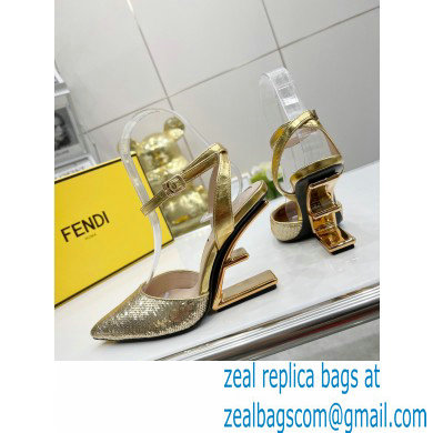 FENDI FIRST Leather High-heeled Sandals Sequins Gold with Ankle Strap 2021 - Click Image to Close