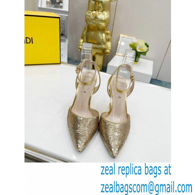 FENDI FIRST Leather High-heeled Sandals Sequins Gold with Ankle Strap 2021 - Click Image to Close